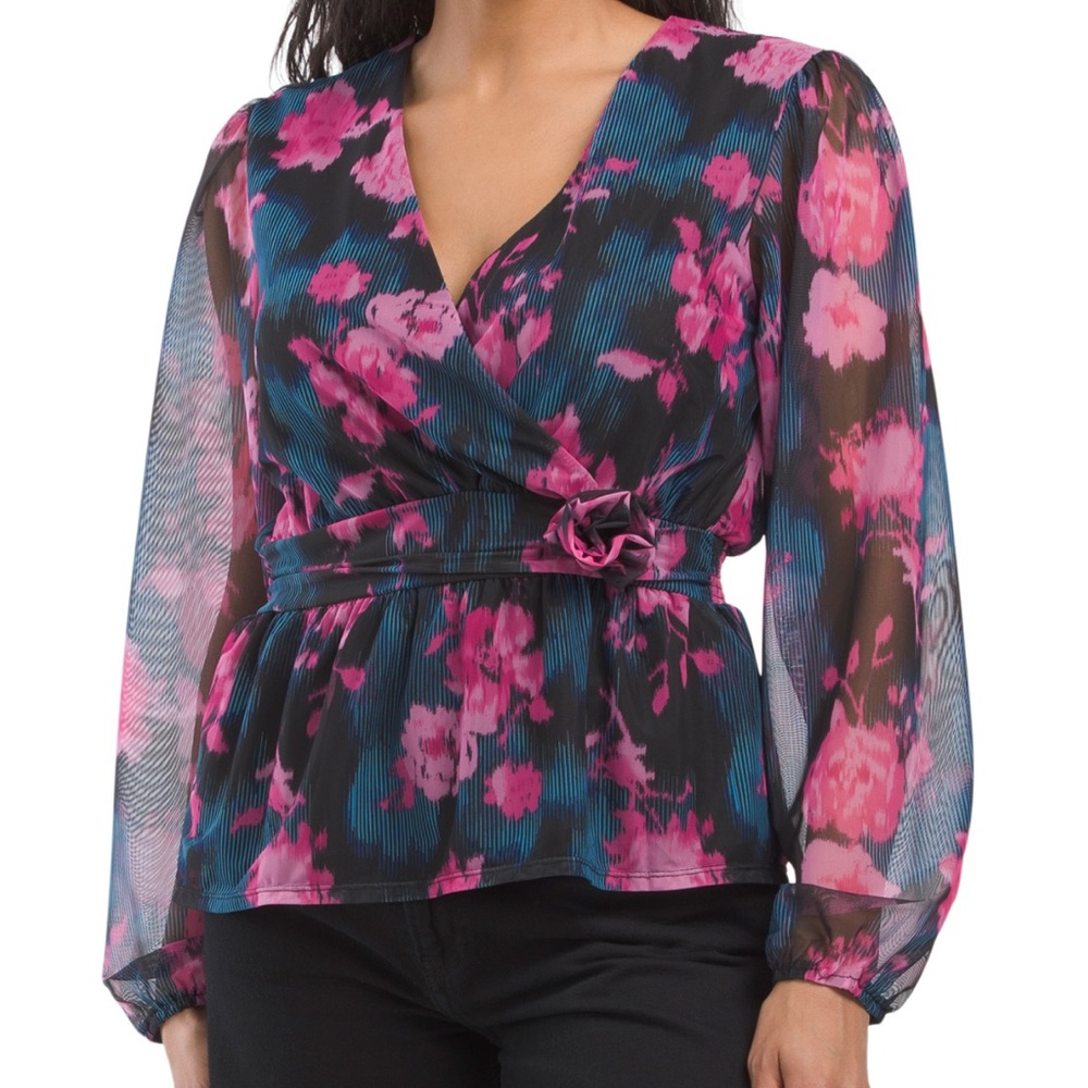 Absolutely Famous Floral Wrap Top - Pink and Black